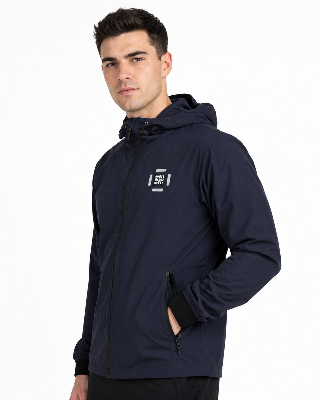 Model wearing the navy ENGREEK EN-001 hooded jacket, front three-quarter view