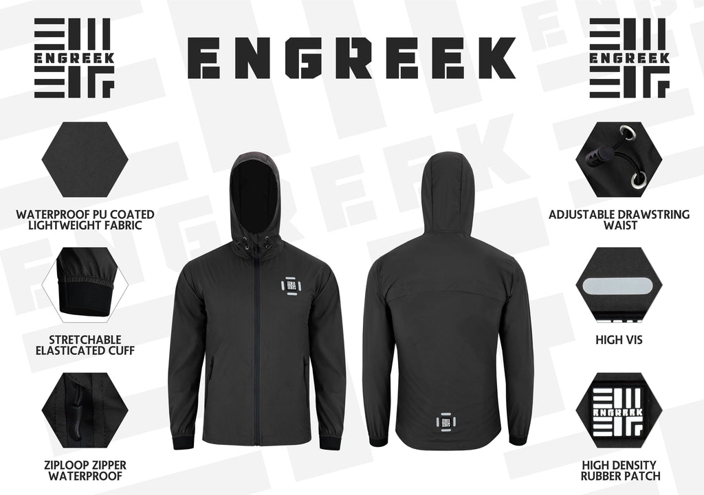 ENGREEK EN-001 jacket feature guide showing PU-coated fabric, elasticated cuffs, zips and reflective details