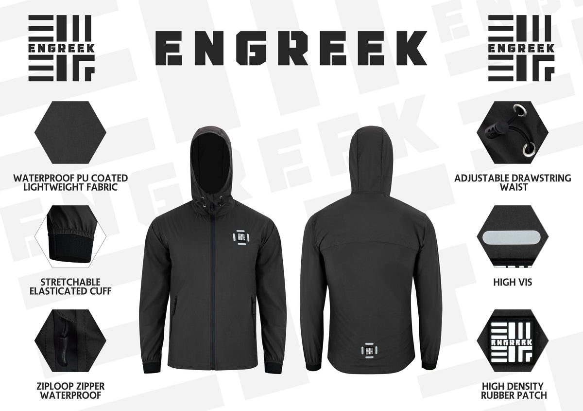ENGREEK EN-001 jacket feature guide showing PU-coated fabric, elasticated cuffs, zips and reflective details
