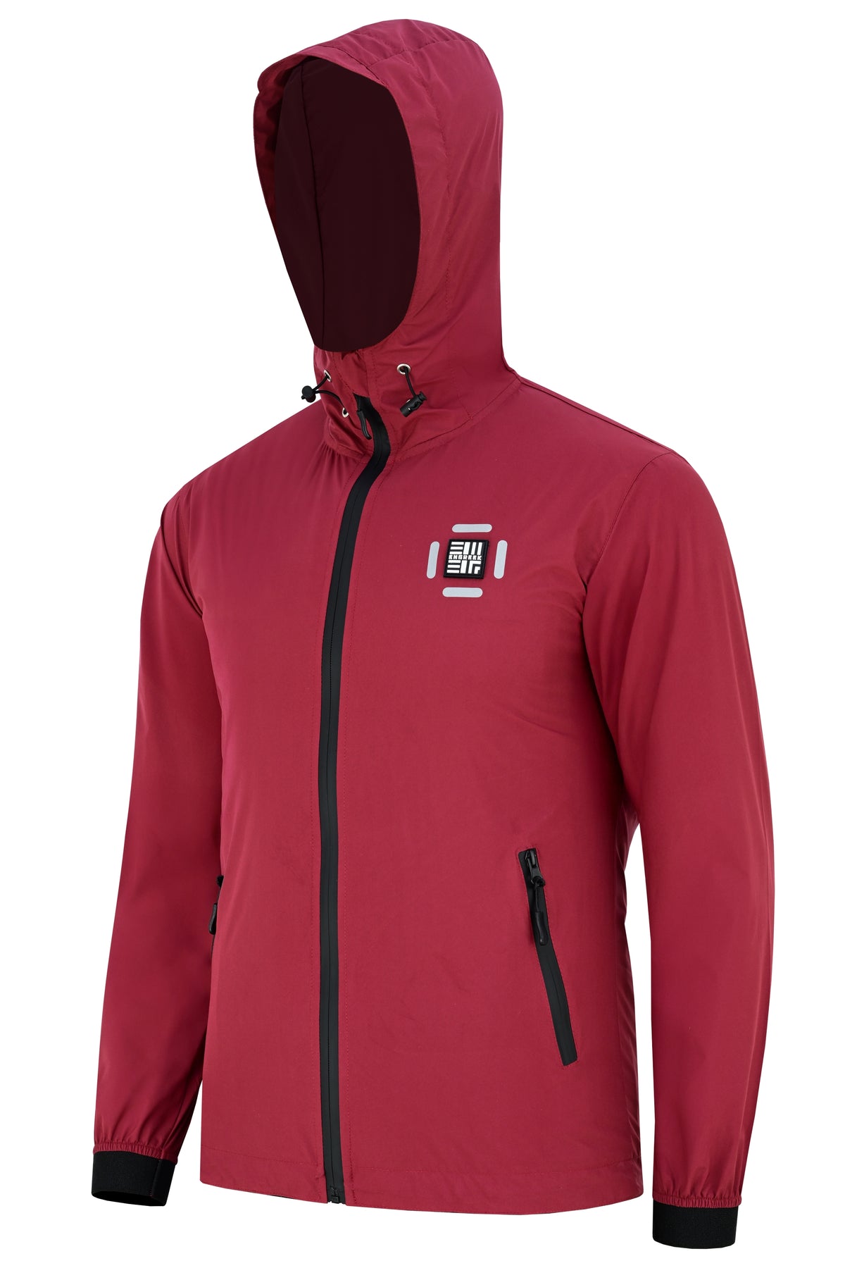 Maroon ENGREEK EN-001 men’s jacket, three-quarter view with hood and zip pockets