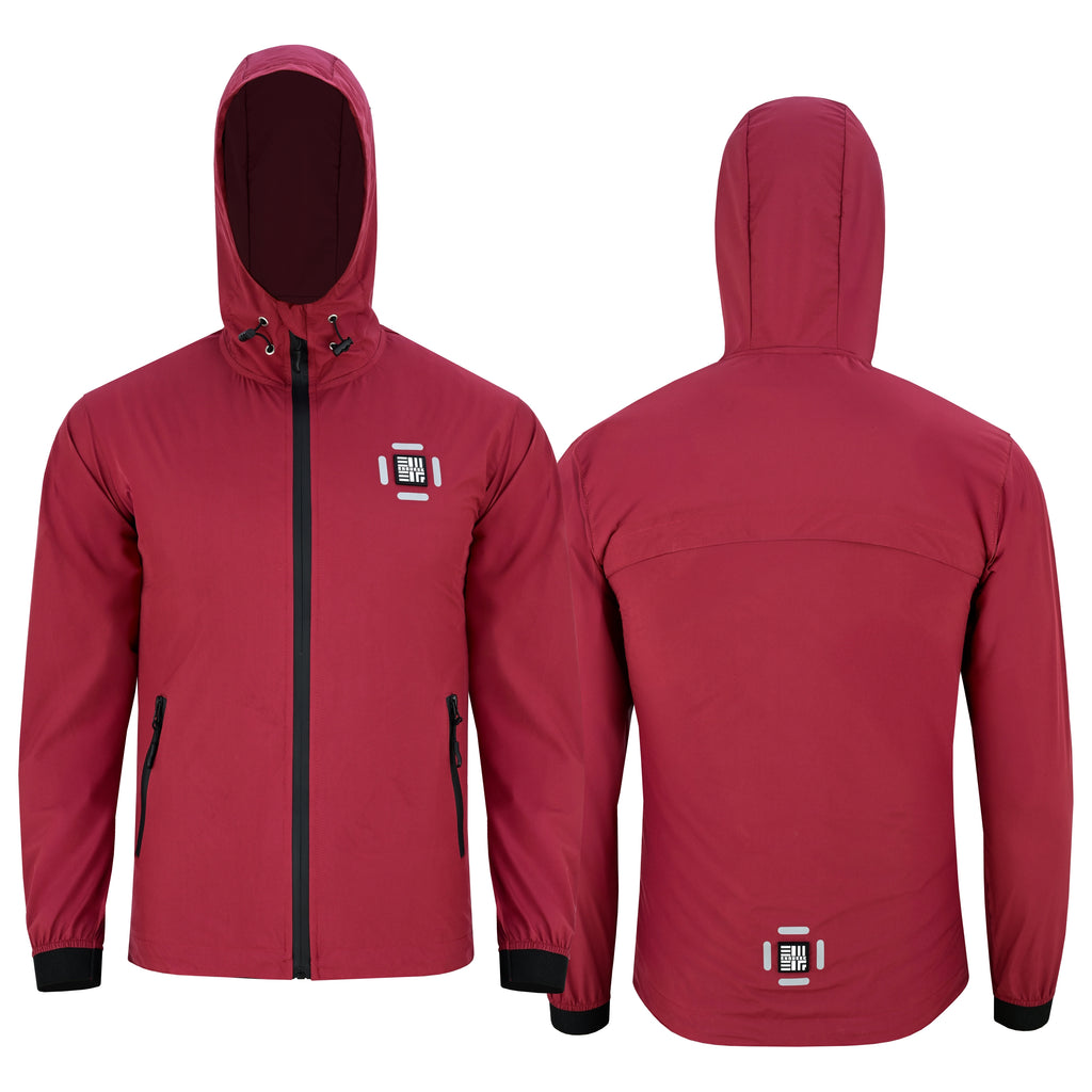 Maroon ENGREEK EN-001 hooded rain jacket, front and rear views