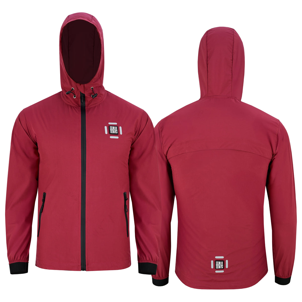 Maroon ENGREEK EN-001 hooded rain jacket, front and rear views