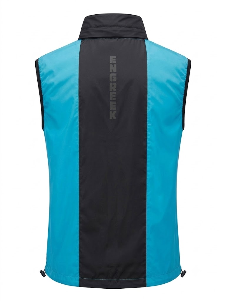 ENGREEK EN-1004 women's Blue Black reflective running gilet back view concealed hood in the collar controlled by zip section