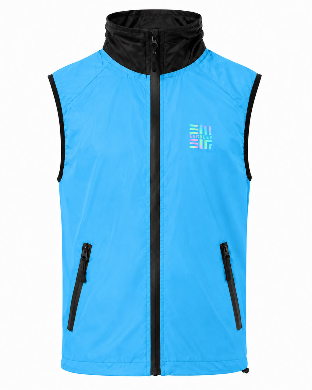 ENGREEK EN-1004 women's Blue Black running gilet showing reflective details and zip pockets