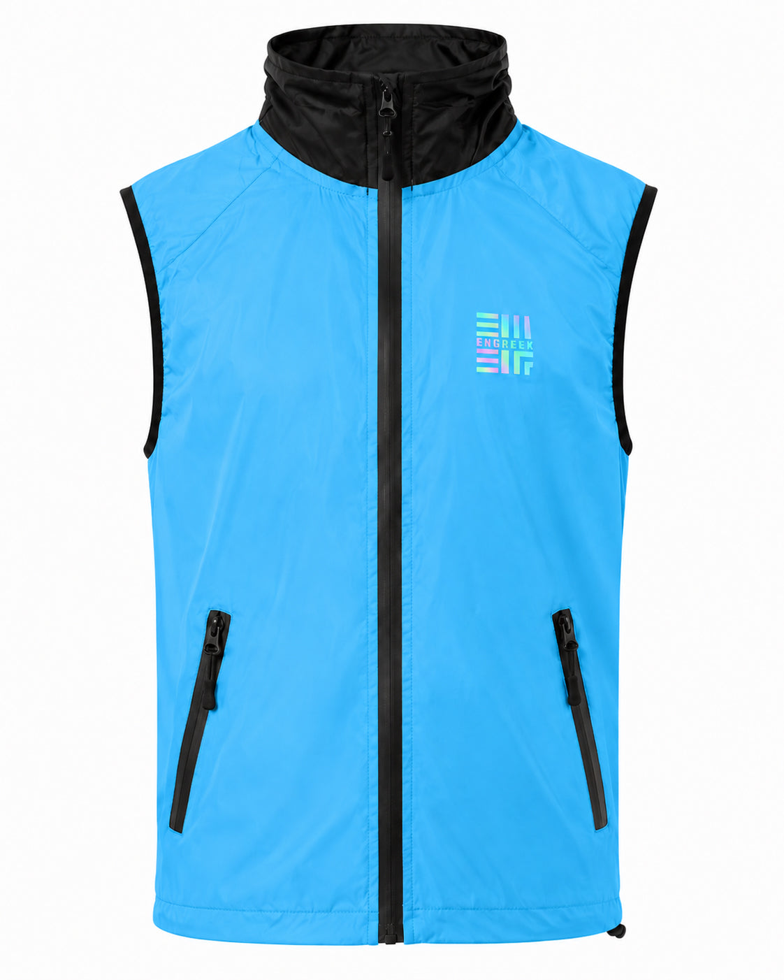 ENGREEK EN-1004 women's Blue Black running gilet showing reflective details and zip pockets