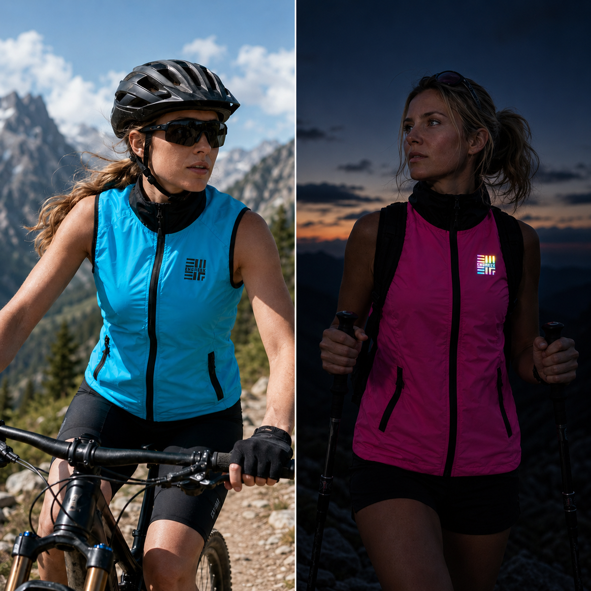 ENGREEK EN-1004 women's lightweight reflective running gilet in Pink Black and Blue Black
