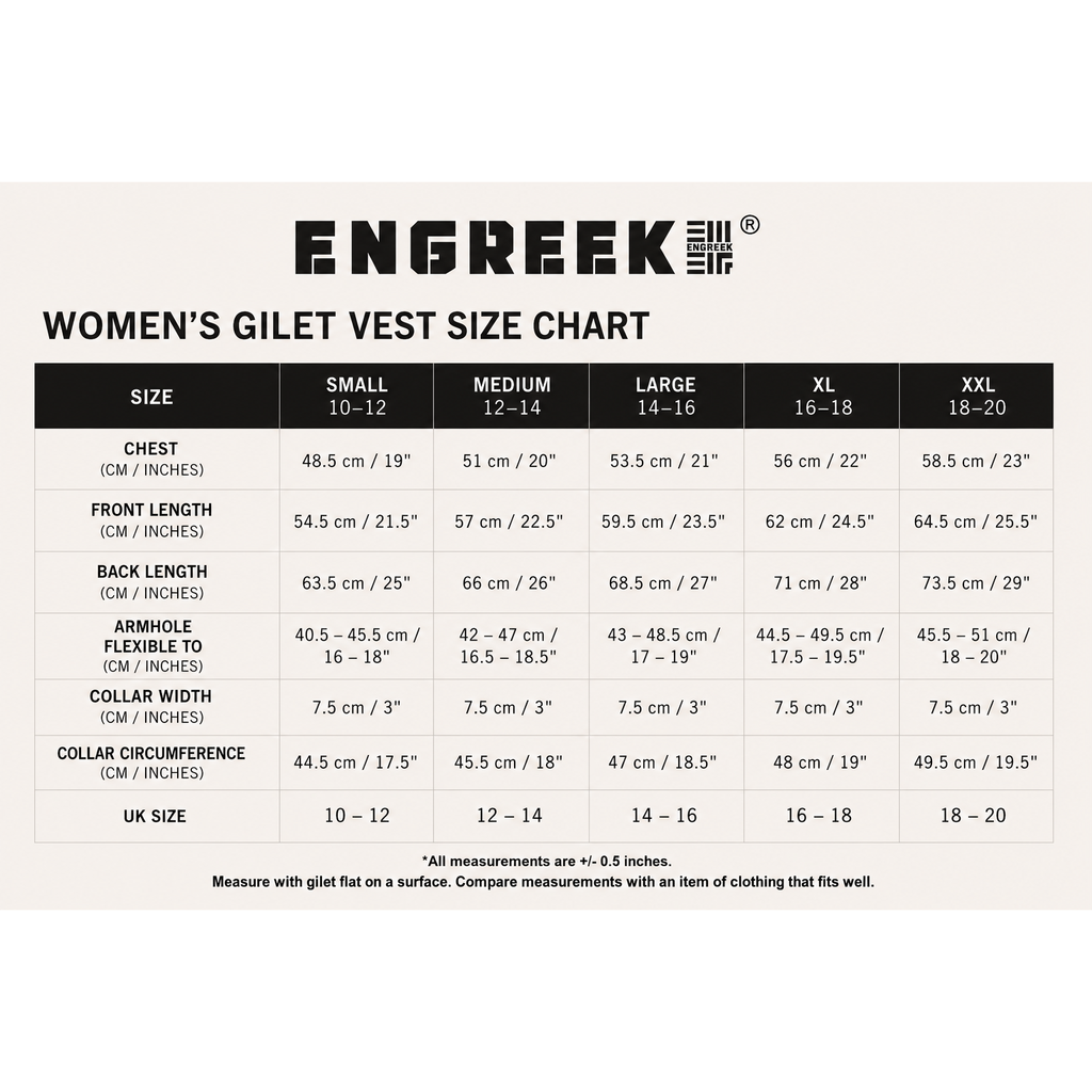 ENGREEK EN-1004 women's reflective running gilet size chart S to 2XL