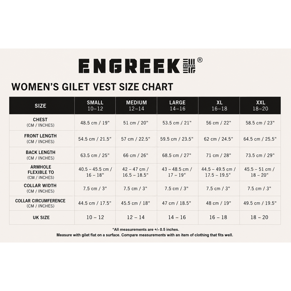 ENGREEK EN-1004 women's reflective running gilet size chart S to 2XL