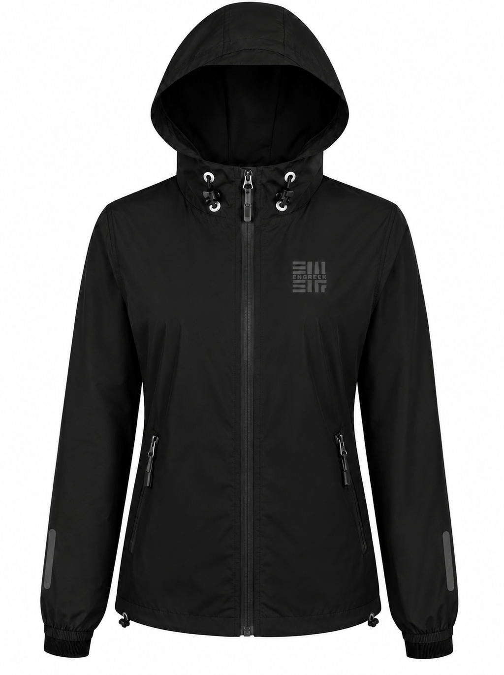 ENGREEK EN-101 women's black reflective running windbreaker jacket front view