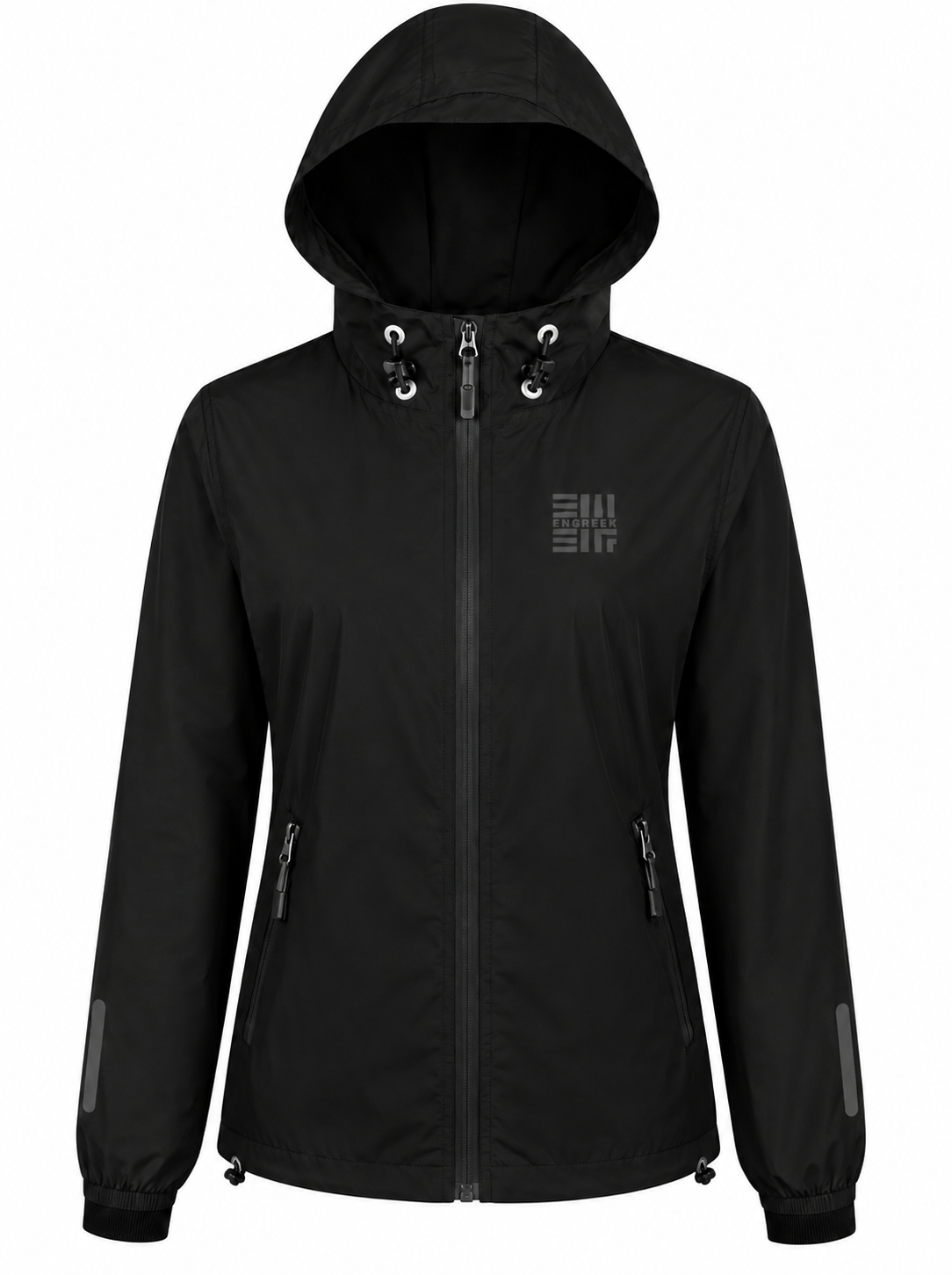 ENGREEK EN-101 women's black reflective running windbreaker jacket front view