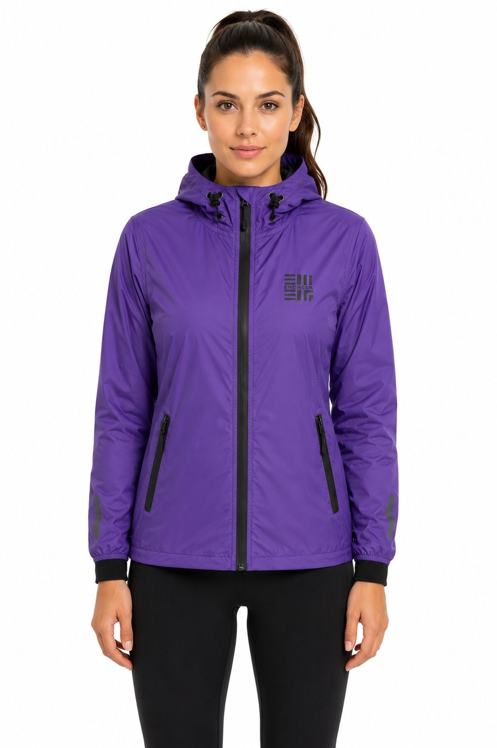 ENGREEK EN-101 women's purple reflective running windbreaker jacket front view