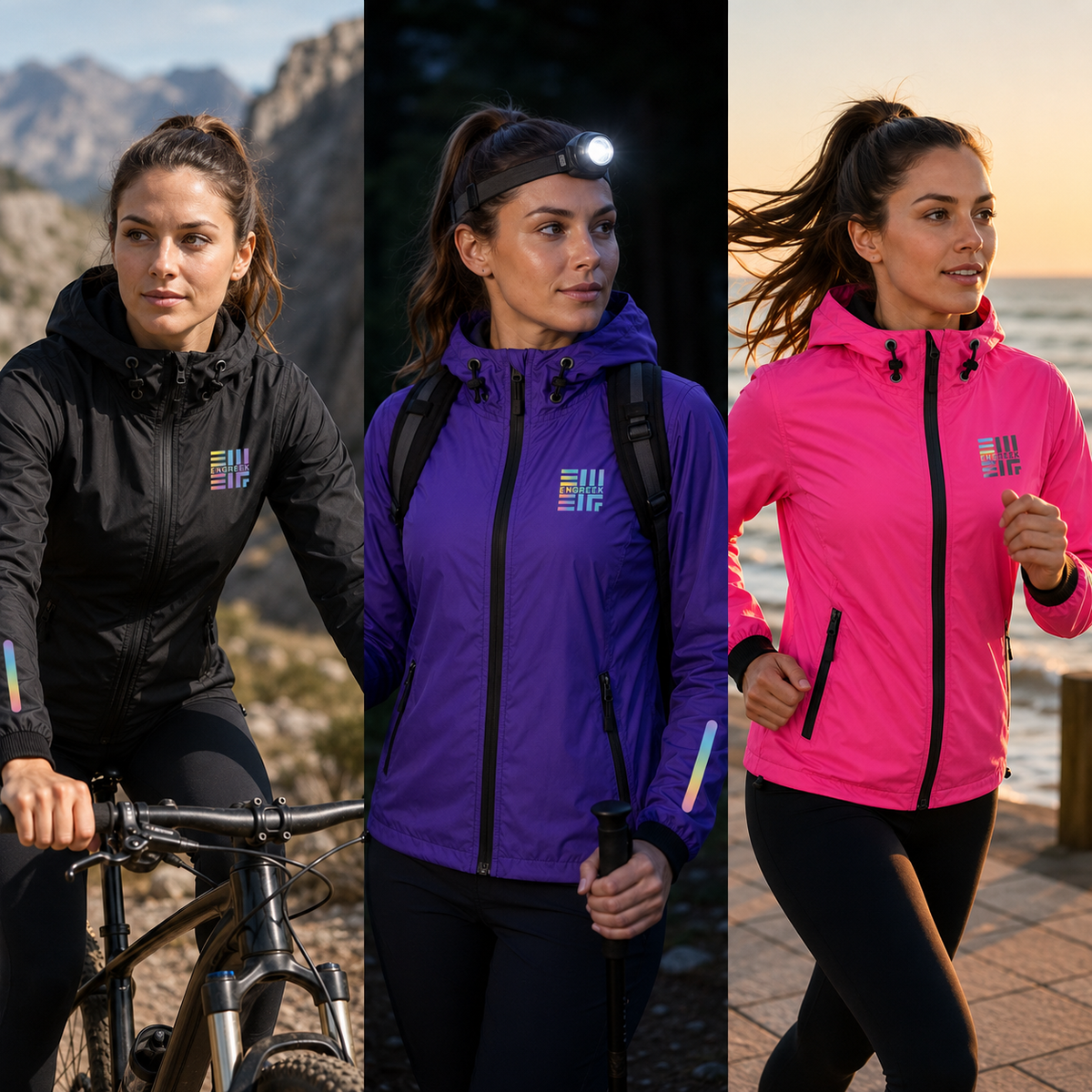 ENGREEK EN-101 women's reflective windbreaker jacket showing reflective rainbow effect