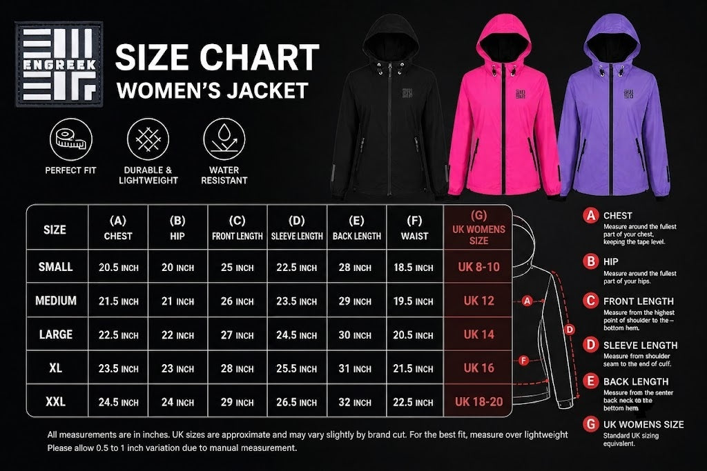 ENGREEK EN-101 women's reflective running jacket size chart S to 2XL