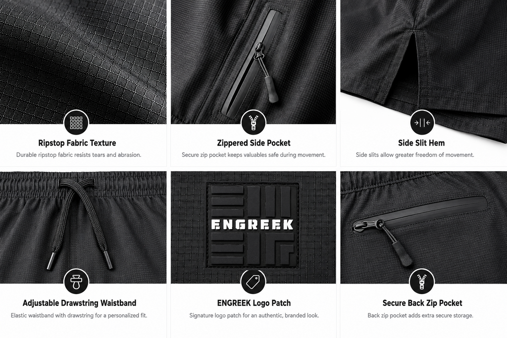 ENGREEK EN-220 Men's Lightweight Running Gym Shorts with 3 Zip Pockets