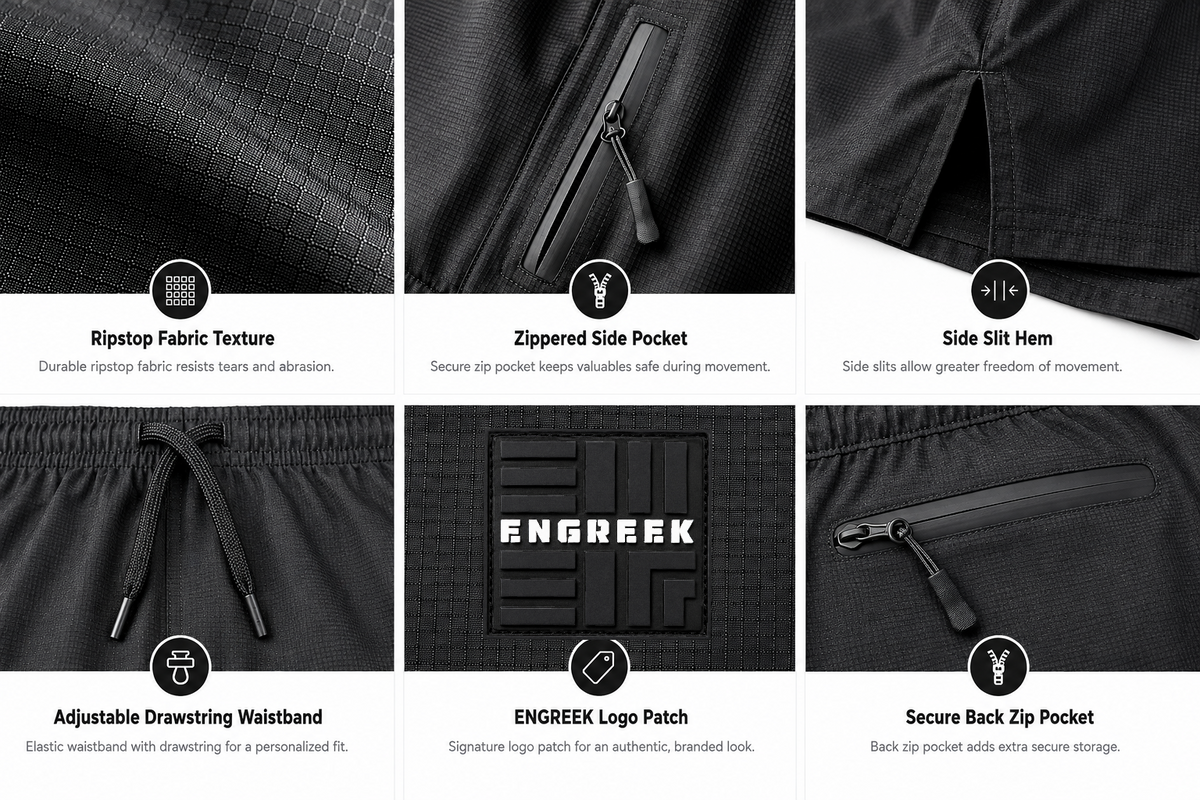 ENGREEK EN-220 men's running gym shorts product features and 3 zip pockets