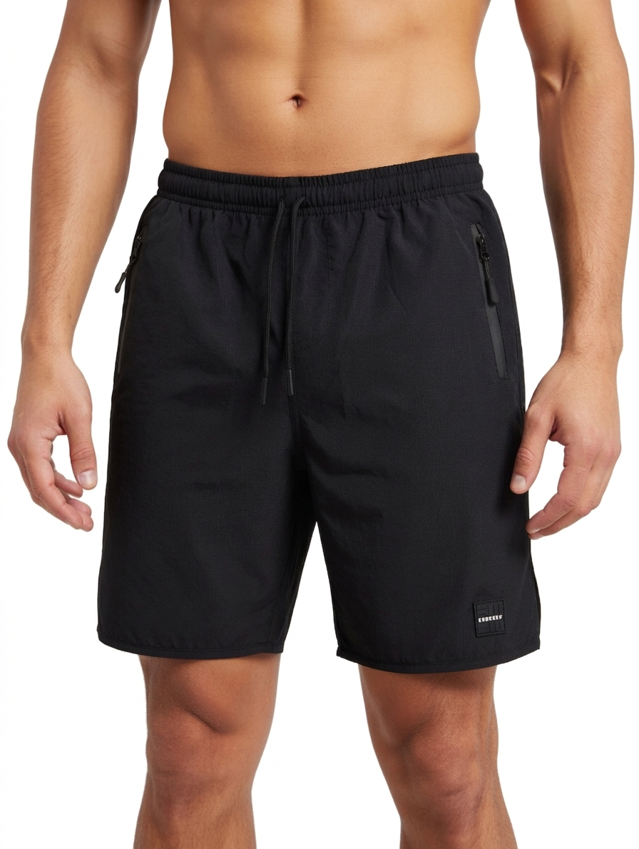 ENGREEK EN-220 men's black running gym shorts front view with 3 zip pockets