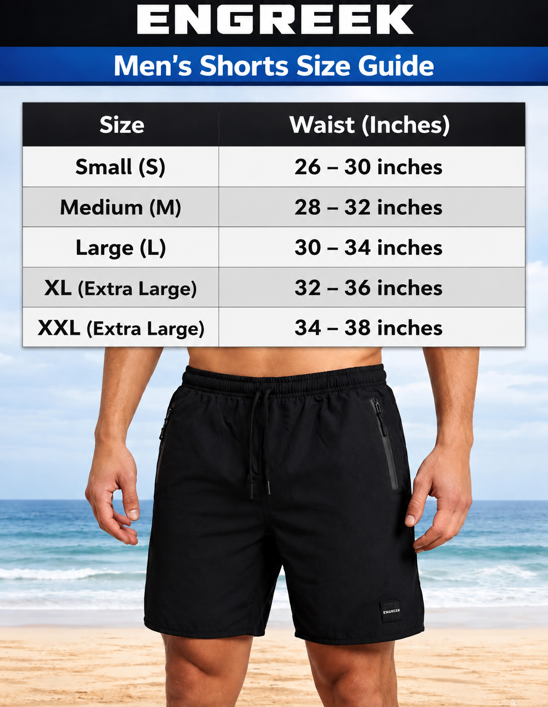 ENGREEK EN-220 men's running shorts size chart S to XXL