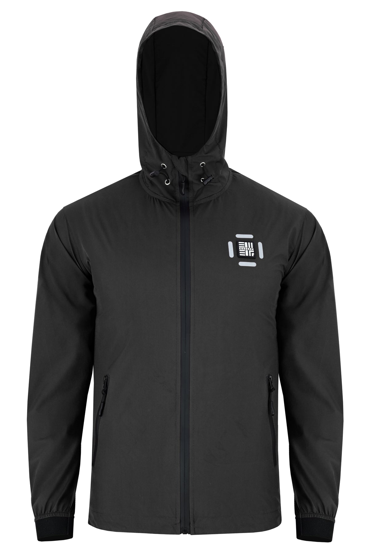 Dark grey ENGREEK EN-001 men’s rain jacket, front view with hood and zip pockets