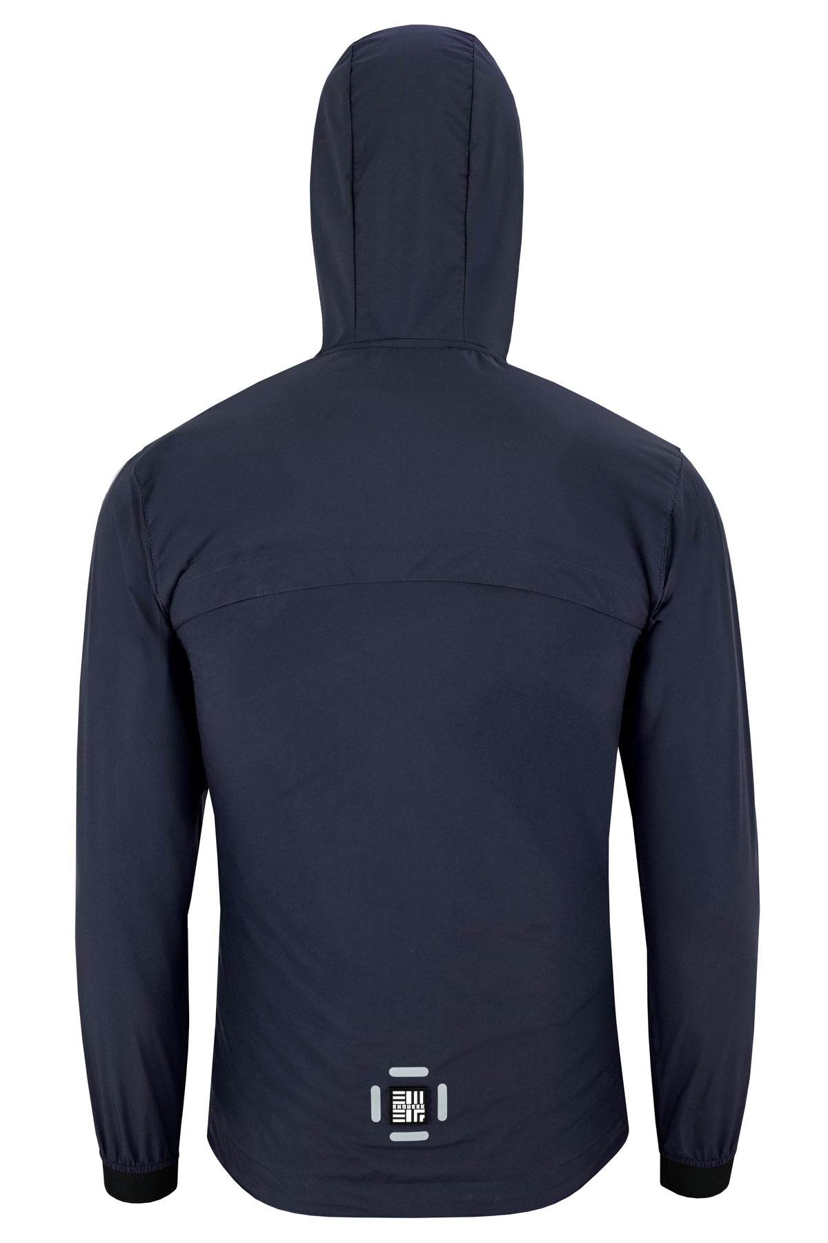 Navy ENGREEK EN-001 men’s jacket, rear view showing hood and reflective lower-back detail