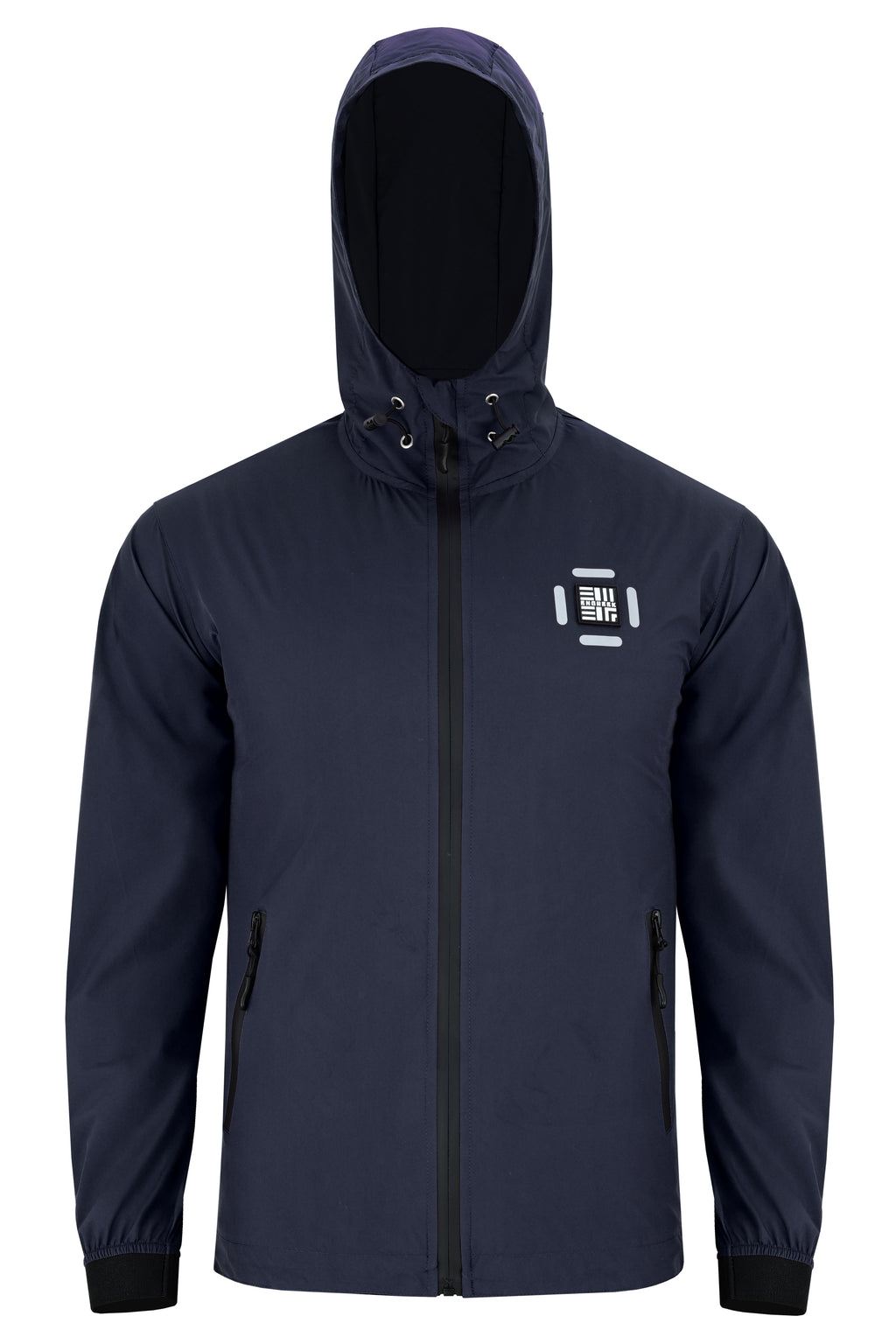 Navy ENGREEK EN-001 men’s hooded rain jacket, front view with zip pockets