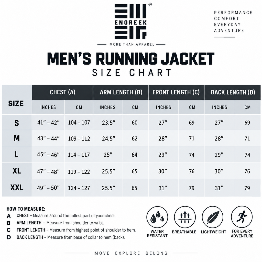 ENGREEK EN-001 men's lightweight waterproof reflective jacket size chart S to 2XL