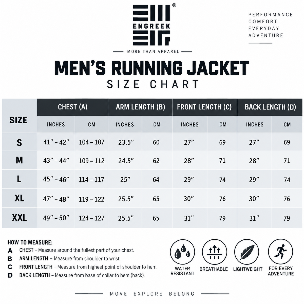 ENGREEK EN-001 men's lightweight waterproof reflective jacket size chart S to 2XL